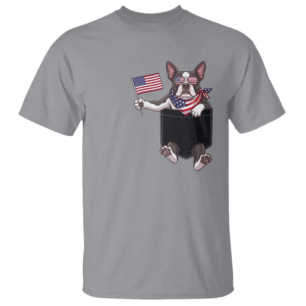 Funny Patriotic French Bulldog in Pocket Graphic T Shirt Cute Frenchie Waving US Flag Sunglasses Faux Summer TS02 Sport Gray Print Your Wear