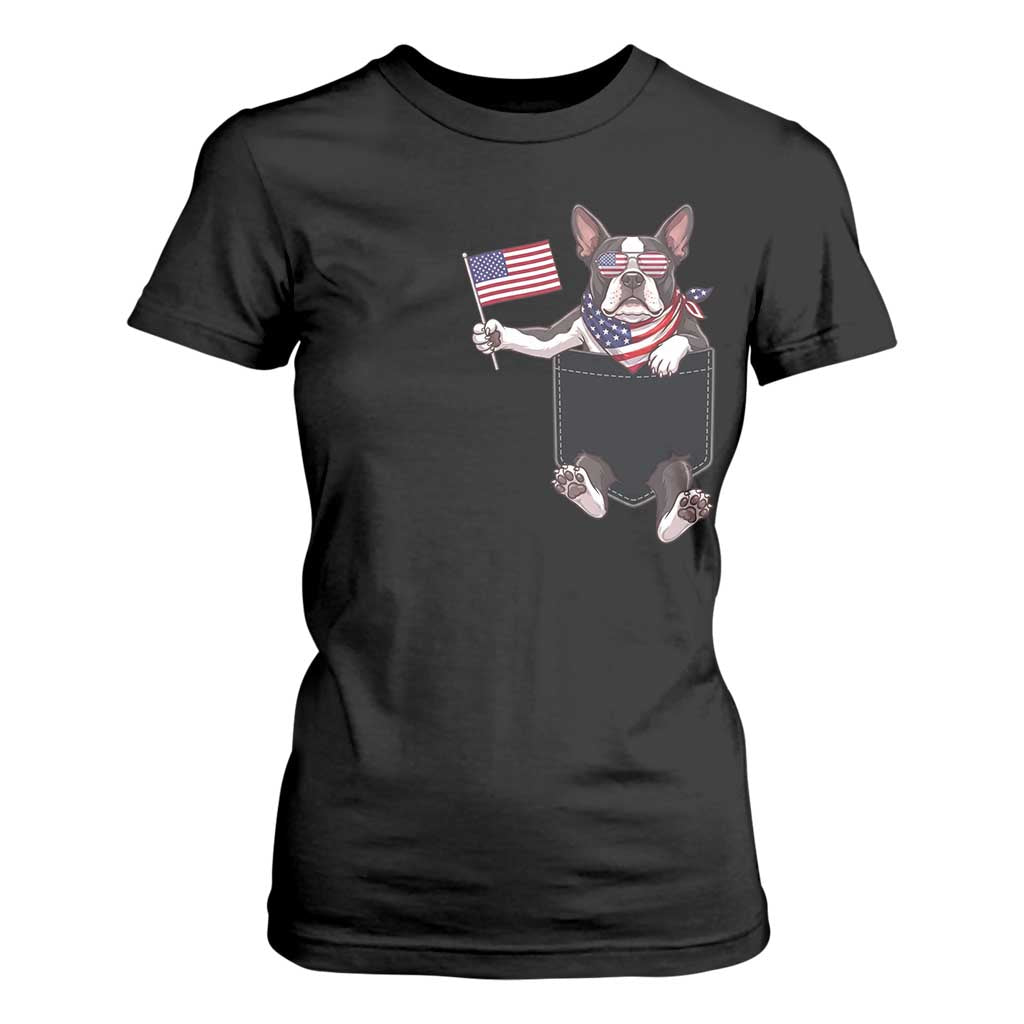 Funny Patriotic French Bulldog in Pocket Graphic T Shirt For Women Cute Frenchie Waving US Flag Sunglasses Faux Summer TS02 Black Print Your Wear