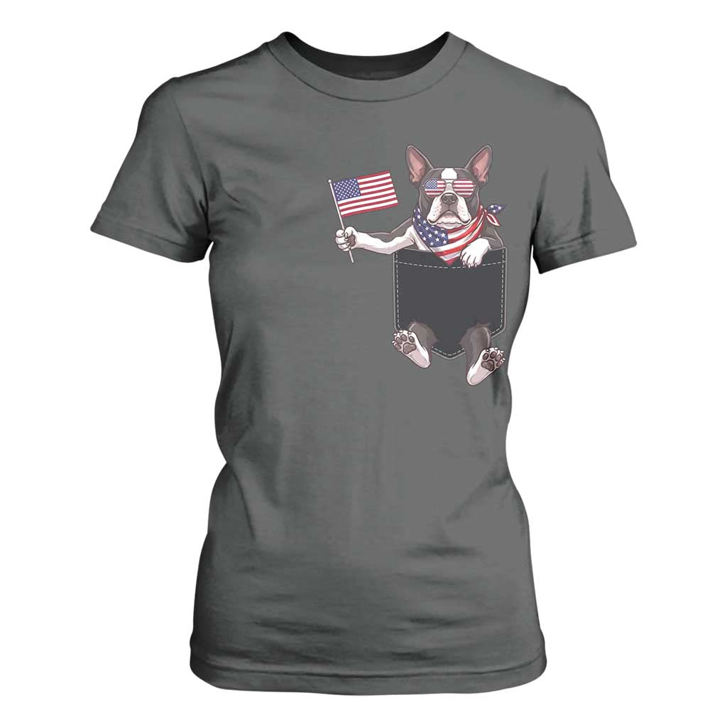 Funny Patriotic French Bulldog in Pocket Graphic T Shirt For Women Cute Frenchie Waving US Flag Sunglasses Faux Summer TS02 Dark Heather Print Your Wear