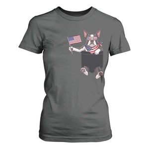 Funny Patriotic French Bulldog in Pocket Graphic T Shirt For Women Cute Frenchie Waving US Flag Sunglasses Faux Summer TS02 Dark Heather Print Your Wear