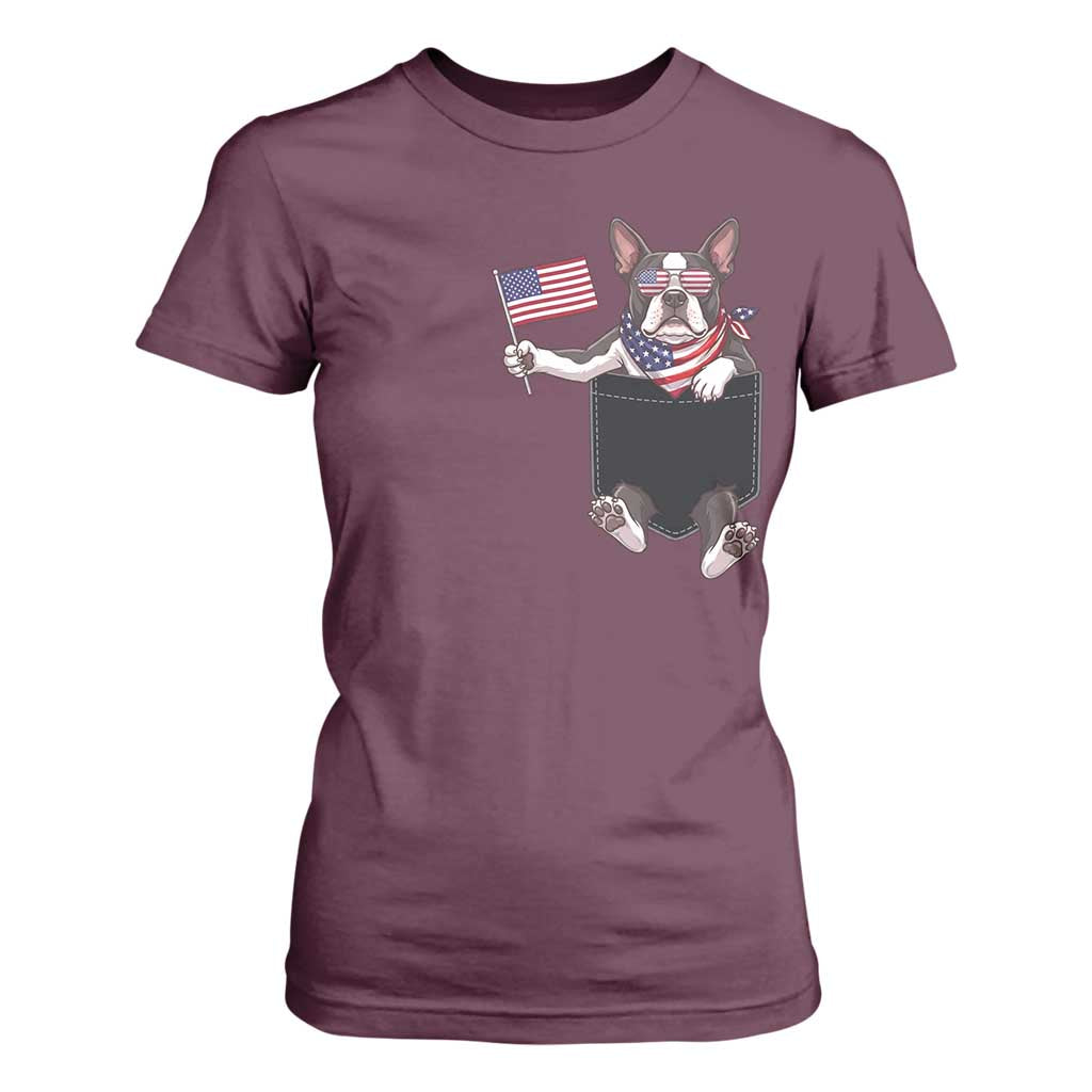 Funny Patriotic French Bulldog in Pocket Graphic T Shirt For Women Cute Frenchie Waving US Flag Sunglasses Faux Summer TS02 Maroon Print Your Wear