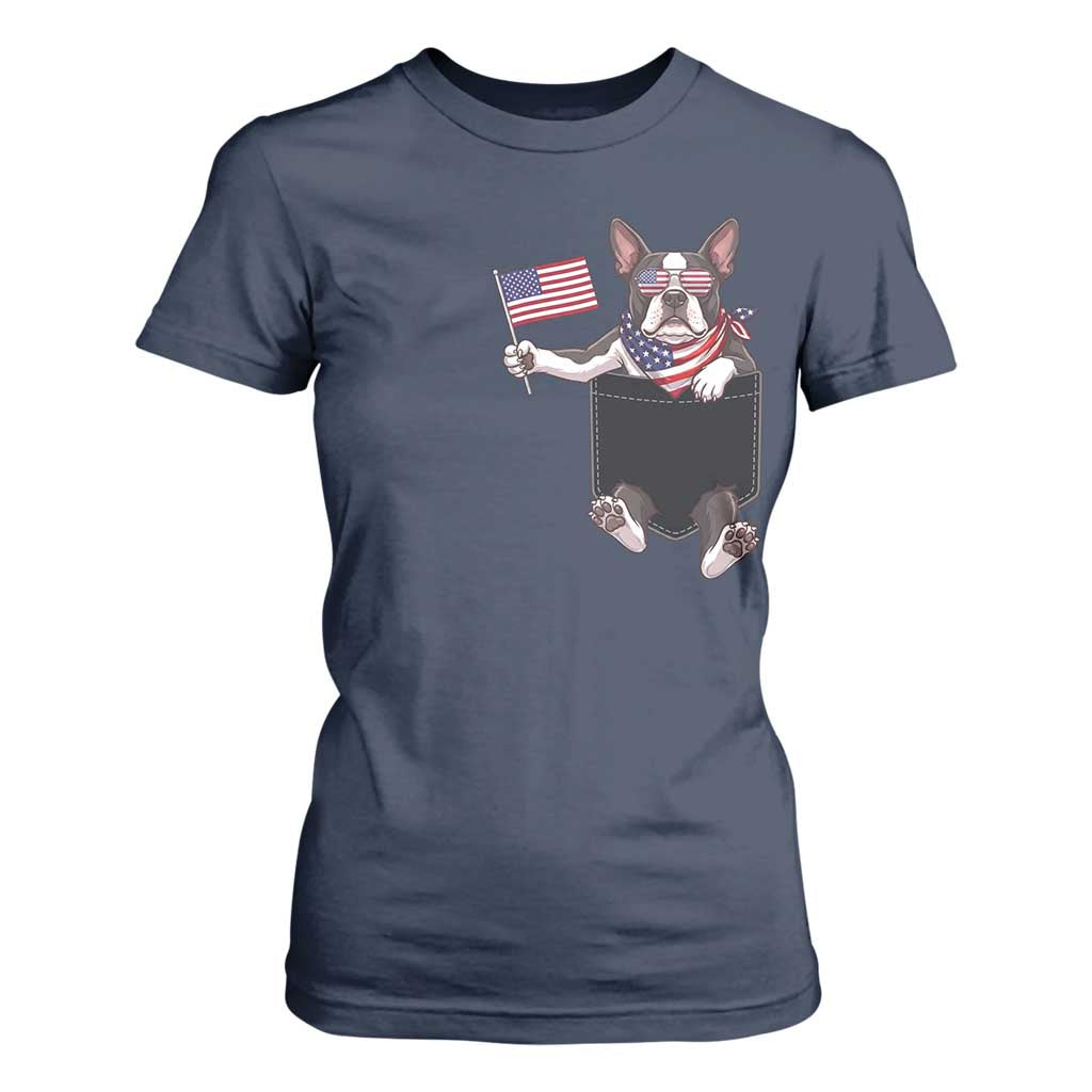 Funny Patriotic French Bulldog in Pocket Graphic T Shirt For Women Cute Frenchie Waving US Flag Sunglasses Faux Summer TS02 Navy Print Your Wear