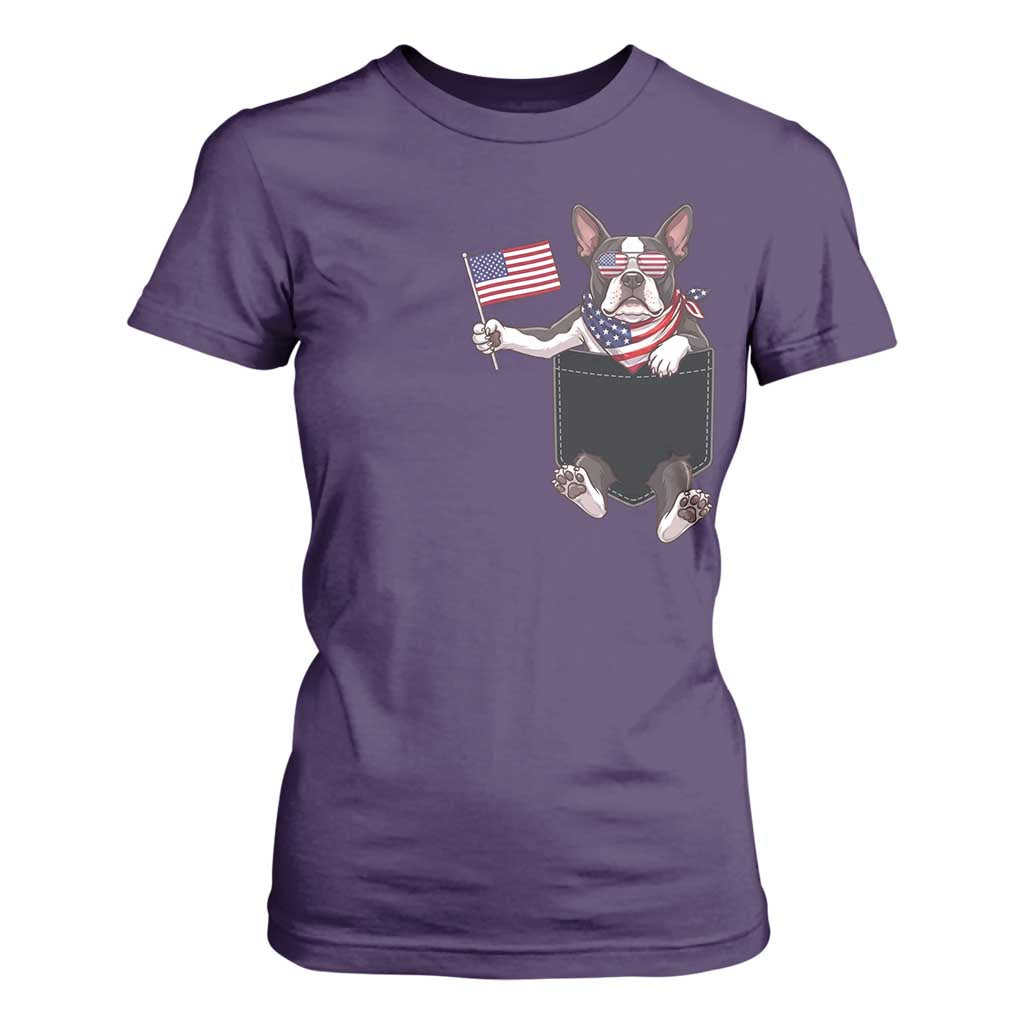 Funny Patriotic French Bulldog in Pocket Graphic T Shirt For Women Cute Frenchie Waving US Flag Sunglasses Faux Summer TS02 Purple Print Your Wear