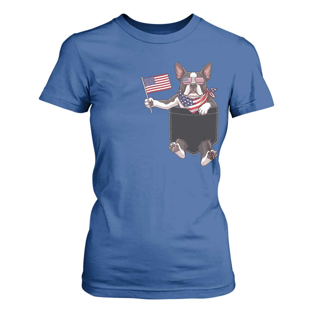 Funny Patriotic French Bulldog in Pocket Graphic T Shirt For Women Cute Frenchie Waving US Flag Sunglasses Faux Summer TS02 Royal Blue Print Your Wear