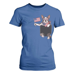 Funny Patriotic French Bulldog in Pocket Graphic T Shirt For Women Cute Frenchie Waving US Flag Sunglasses Faux Summer TS02 Royal Blue Print Your Wear