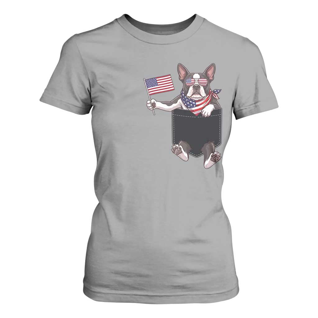 Funny Patriotic French Bulldog in Pocket Graphic T Shirt For Women Cute Frenchie Waving US Flag Sunglasses Faux Summer TS02 Sport Gray Print Your Wear