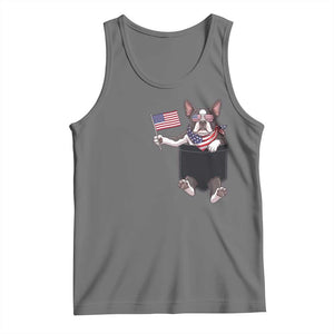 Funny Patriotic French Bulldog in Pocket Graphic Tank Top Cute Frenchie Waving US Flag Sunglasses Faux Summer TS02 Black Heather Print Your Wear
