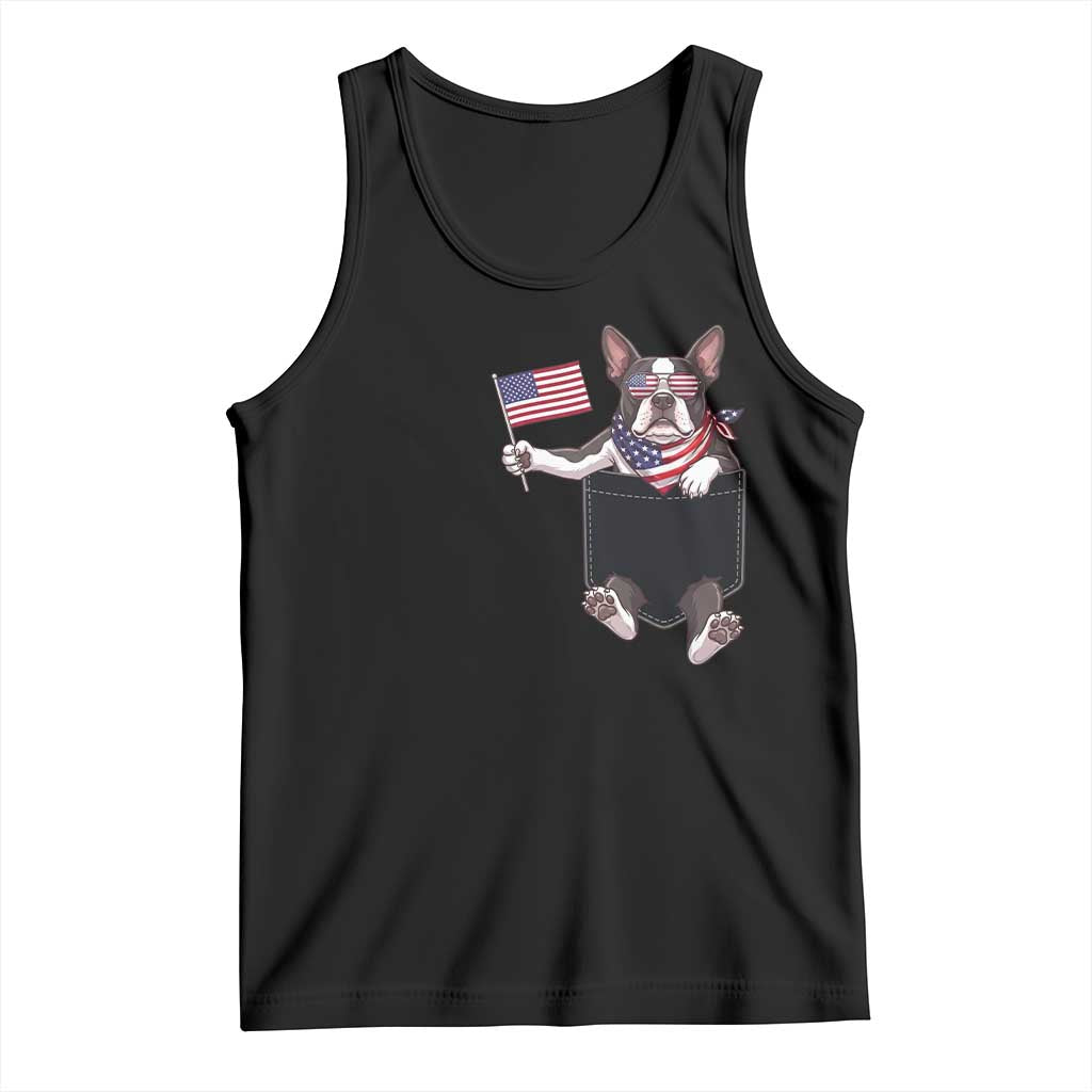Funny Patriotic French Bulldog in Pocket Graphic Tank Top Cute Frenchie Waving US Flag Sunglasses Faux Summer TS02 Black Print Your Wear