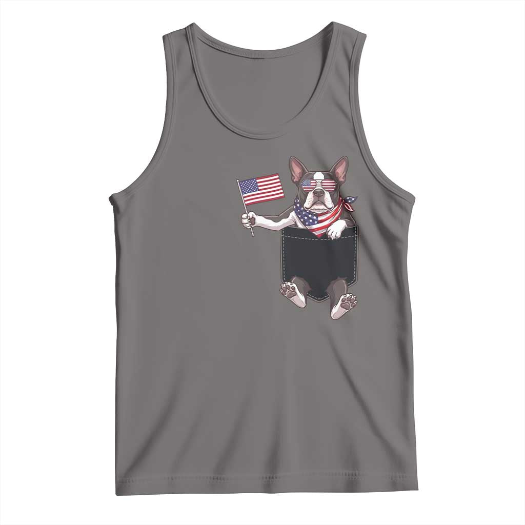 Funny Patriotic French Bulldog in Pocket Graphic Tank Top Cute Frenchie Waving US Flag Sunglasses Faux Summer TS02 Deep Heather Print Your Wear