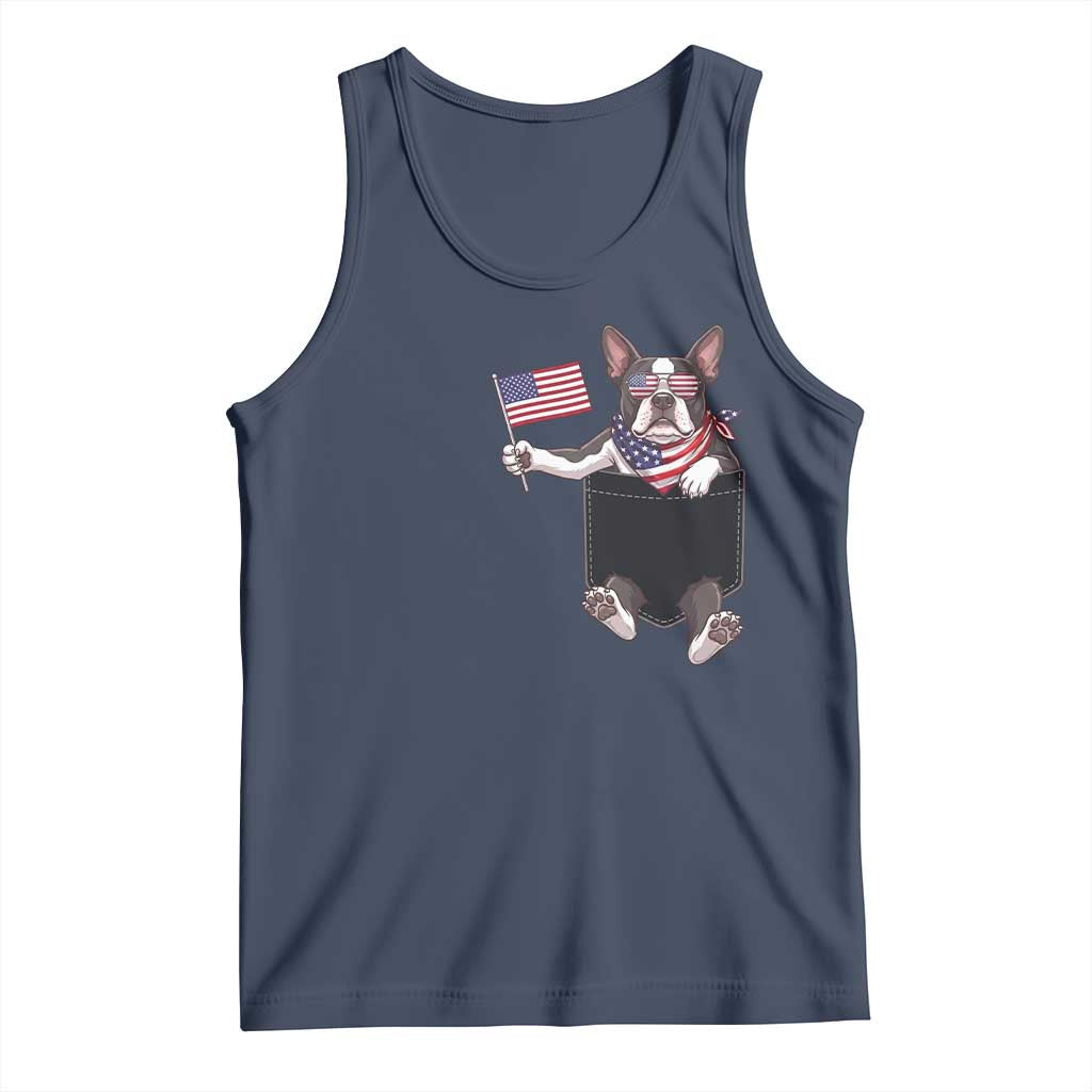 Funny Patriotic French Bulldog in Pocket Graphic Tank Top Cute Frenchie Waving US Flag Sunglasses Faux Summer TS02 Navy Print Your Wear