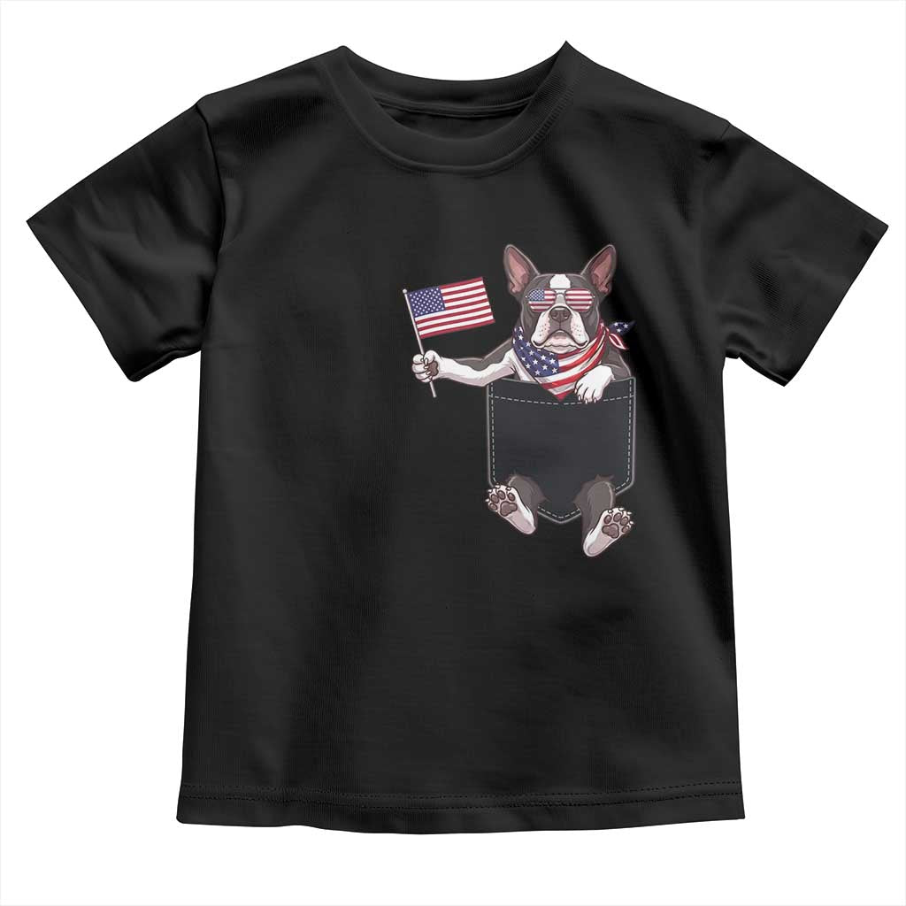 Funny Patriotic French Bulldog in Pocket Graphic Toddler T Shirt Cute Frenchie Waving US Flag Sunglasses Faux Summer TS02 Black Print Your Wear