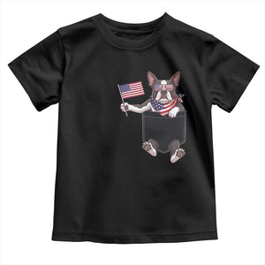 Funny Patriotic French Bulldog in Pocket Graphic Toddler T Shirt Cute Frenchie Waving US Flag Sunglasses Faux Summer TS02 Black Print Your Wear