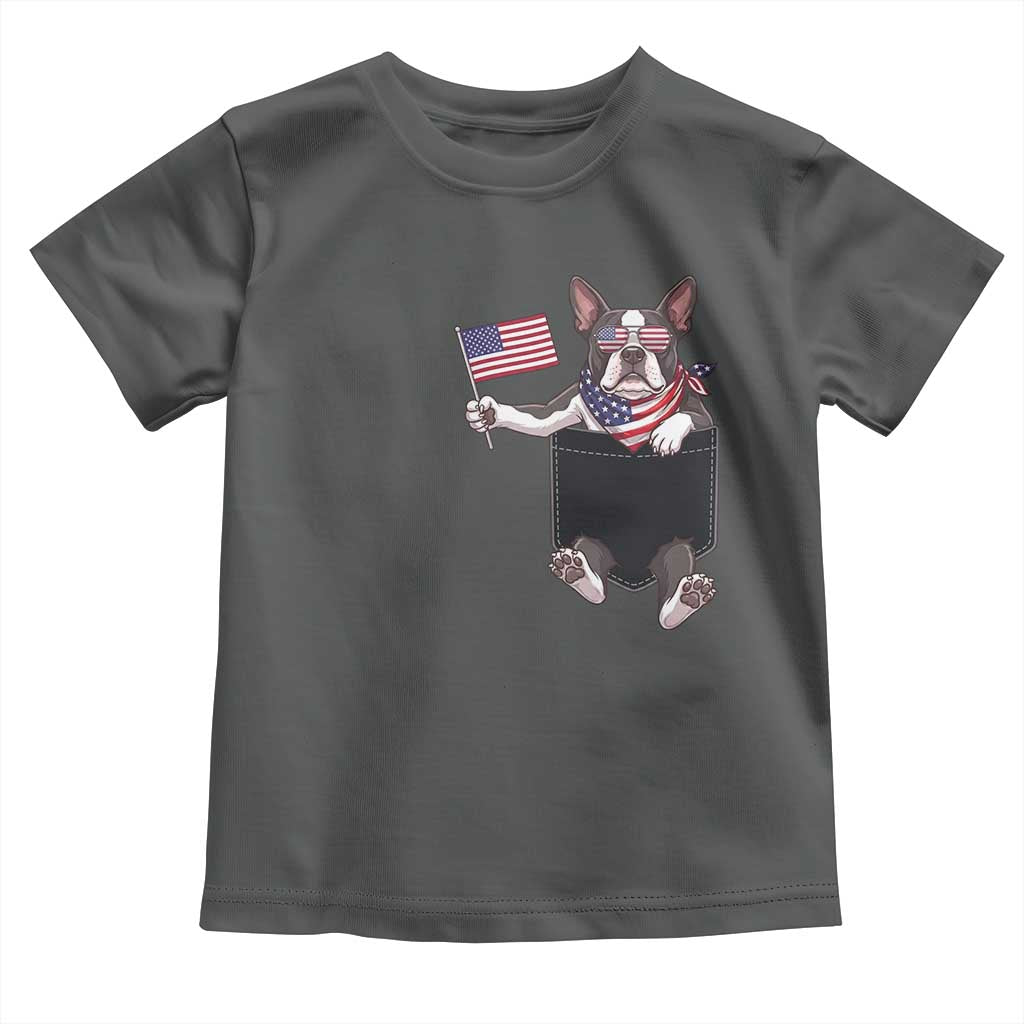 Funny Patriotic French Bulldog in Pocket Graphic Toddler T Shirt Cute Frenchie Waving US Flag Sunglasses Faux Summer TS02 Dark Heather Print Your Wear