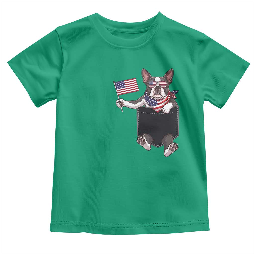 Funny Patriotic French Bulldog in Pocket Graphic Toddler T Shirt Cute Frenchie Waving US Flag Sunglasses Faux Summer TS02 Irish Green Print Your Wear
