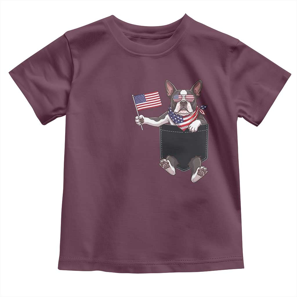Funny Patriotic French Bulldog in Pocket Graphic Toddler T Shirt Cute Frenchie Waving US Flag Sunglasses Faux Summer TS02 Maroon Print Your Wear
