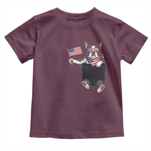 Funny Patriotic French Bulldog in Pocket Graphic Toddler T Shirt Cute Frenchie Waving US Flag Sunglasses Faux Summer TS02 Maroon Print Your Wear