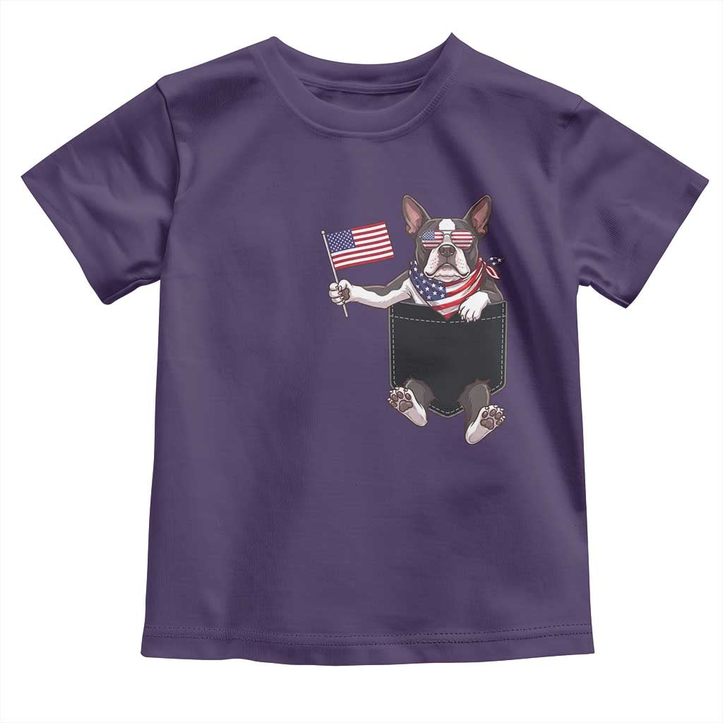 Funny Patriotic French Bulldog in Pocket Graphic Toddler T Shirt Cute Frenchie Waving US Flag Sunglasses Faux Summer TS02 Purple Print Your Wear