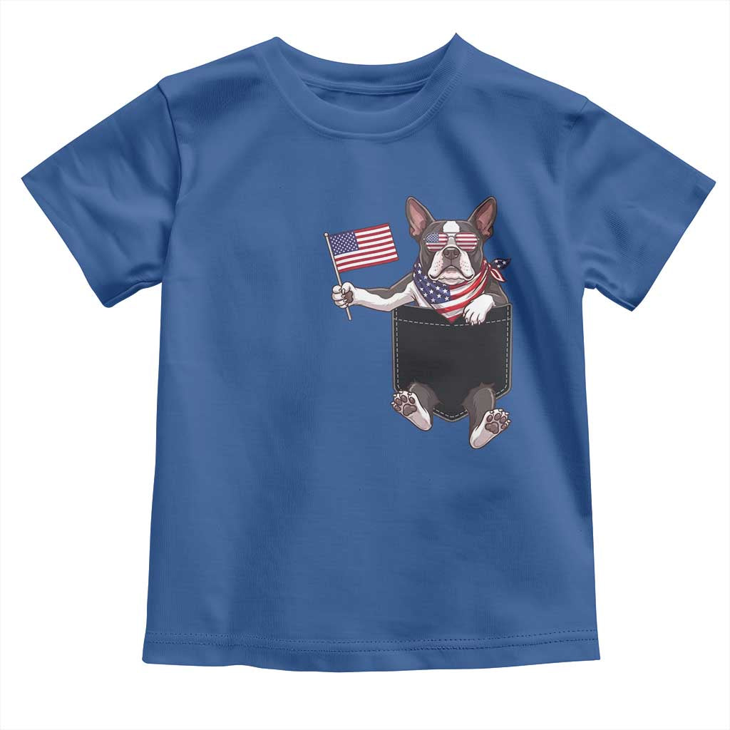Funny Patriotic French Bulldog in Pocket Graphic Toddler T Shirt Cute Frenchie Waving US Flag Sunglasses Faux Summer TS02 Royal Blue Print Your Wear
