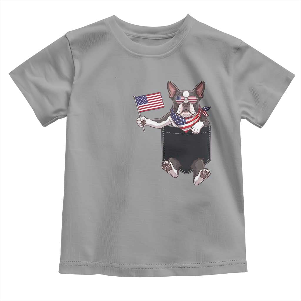 Funny Patriotic French Bulldog in Pocket Graphic Toddler T Shirt Cute Frenchie Waving US Flag Sunglasses Faux Summer TS02 Sport Gray Print Your Wear