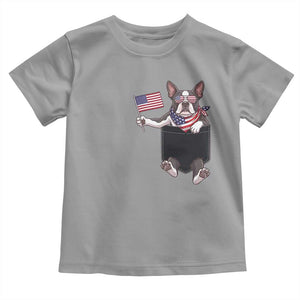 Funny Patriotic French Bulldog in Pocket Graphic Toddler T Shirt Cute Frenchie Waving US Flag Sunglasses Faux Summer TS02 Sport Gray Print Your Wear