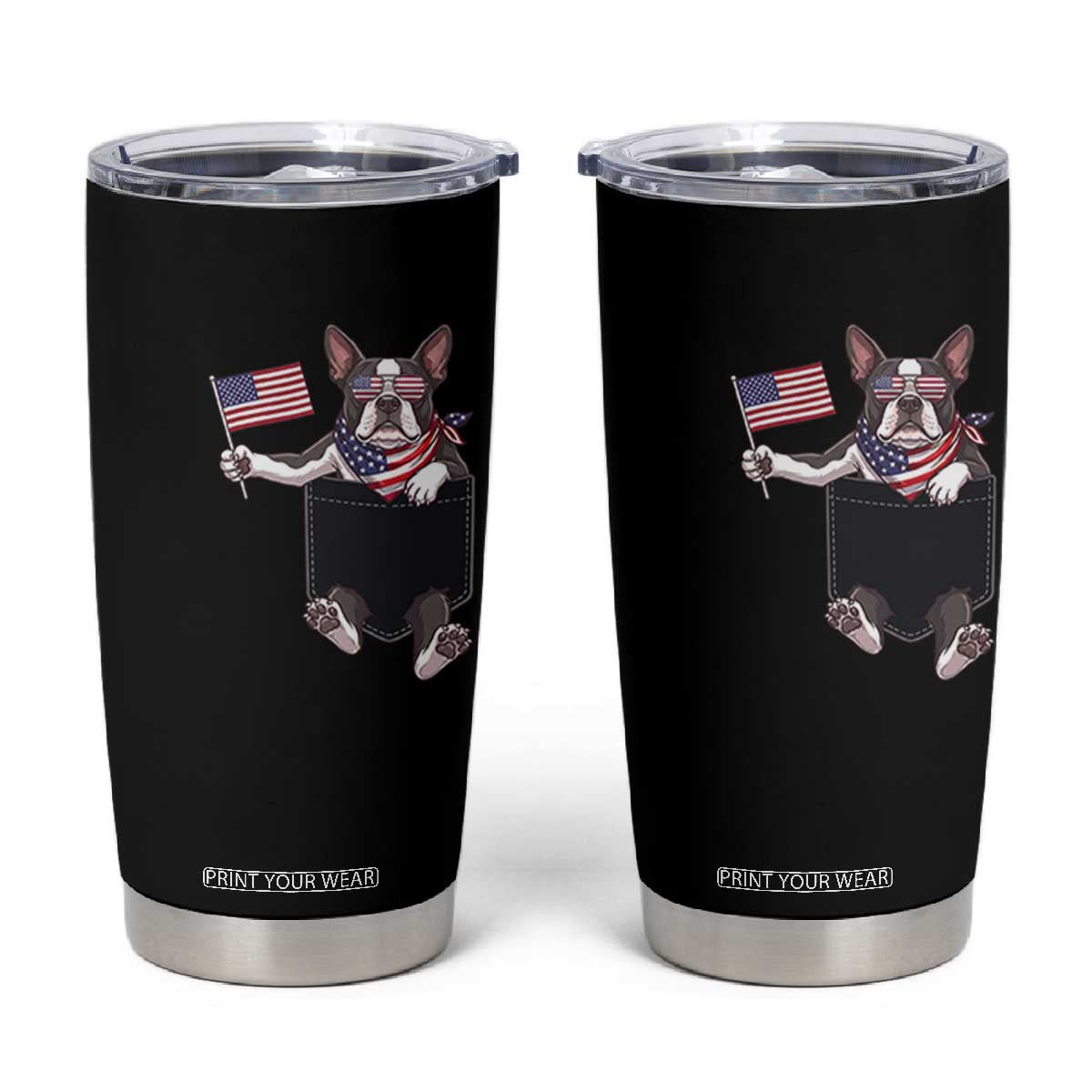 Funny Patriotic French Bulldog in Pocket Graphic Tumbler Cup Cute Frenchie Waving US Flag Sunglasses Faux Summer TS02 Black Print Your Wear