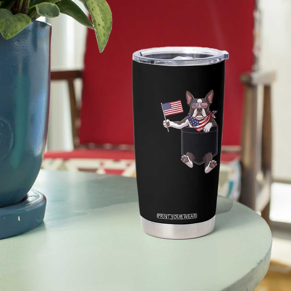 Funny Patriotic French Bulldog in Pocket Graphic Tumbler Cup Cute Frenchie Waving US Flag Sunglasses Faux Summer TS02 Print Your Wear