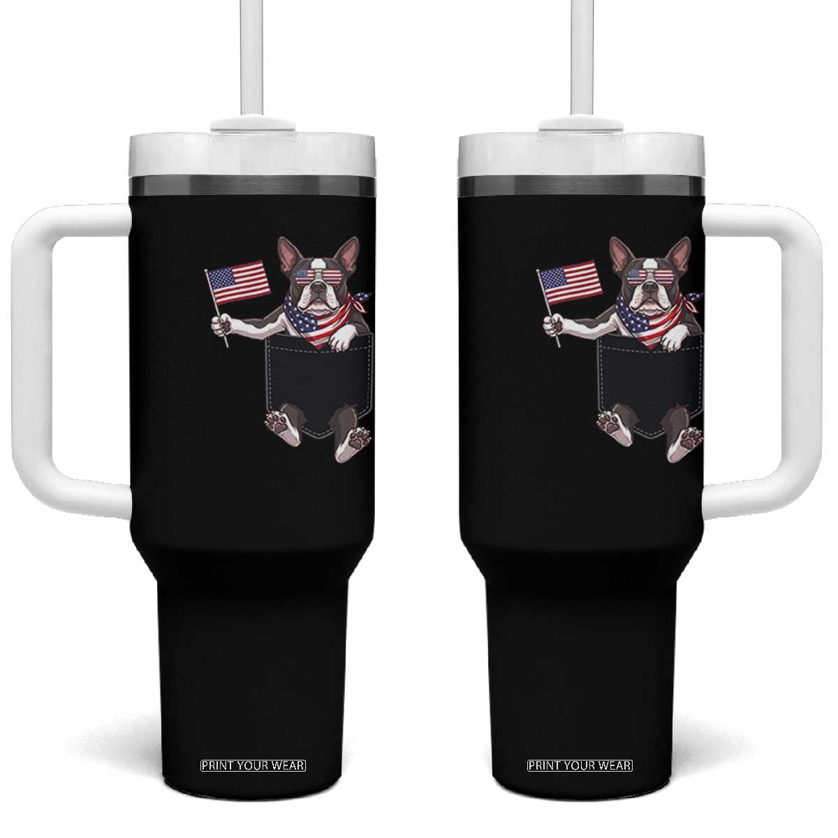 Funny Patriotic French Bulldog in Pocket Graphic Tumbler With Handle Cute Frenchie Waving US Flag Sunglasses Faux Summer TS02 One Size: 40 oz Black Print Your Wear