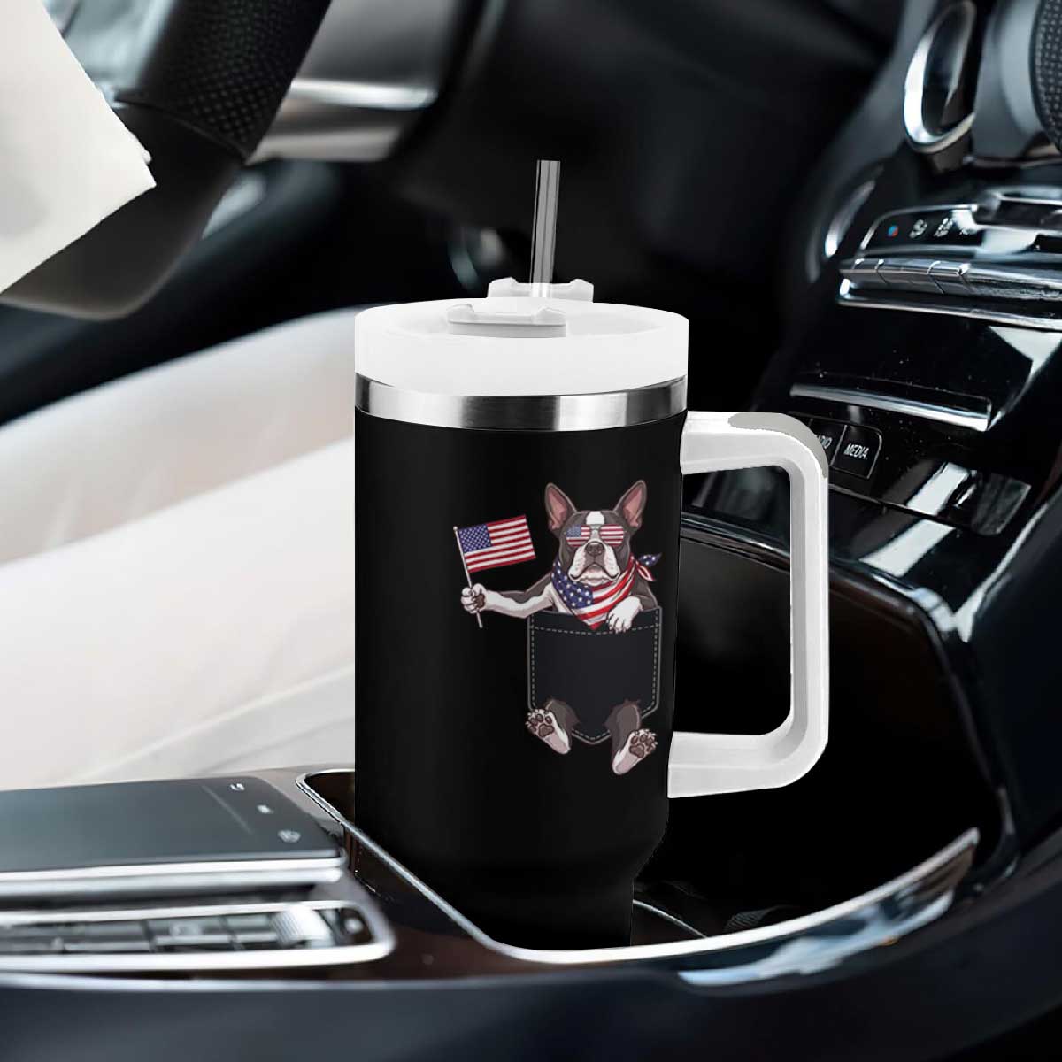 Funny Patriotic French Bulldog in Pocket Graphic Tumbler With Handle Cute Frenchie Waving US Flag Sunglasses Faux Summer TS02 Print Your Wear