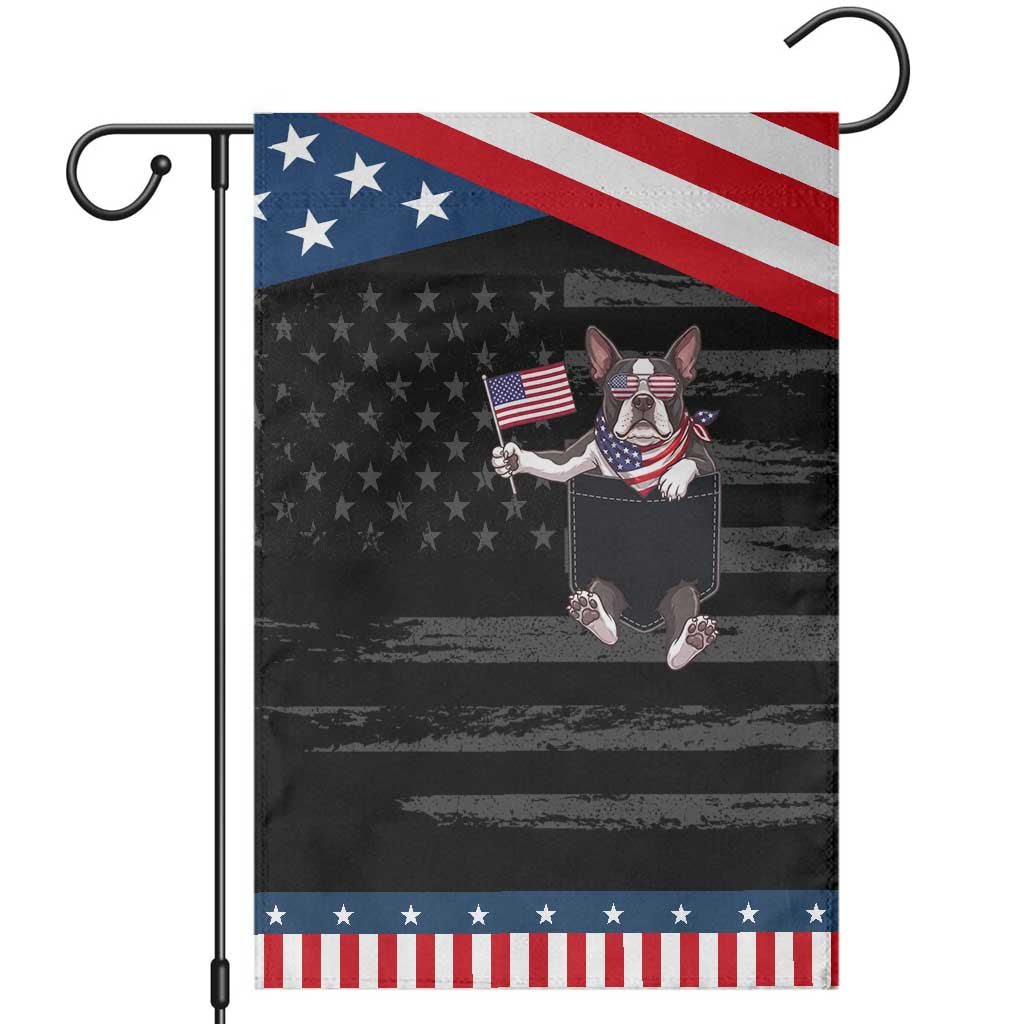 Funny French Bulldog in Pocket Graphic Patriotic Garden Flag Cute Frenchie Waving US Flag Sunglasses Faux Summer