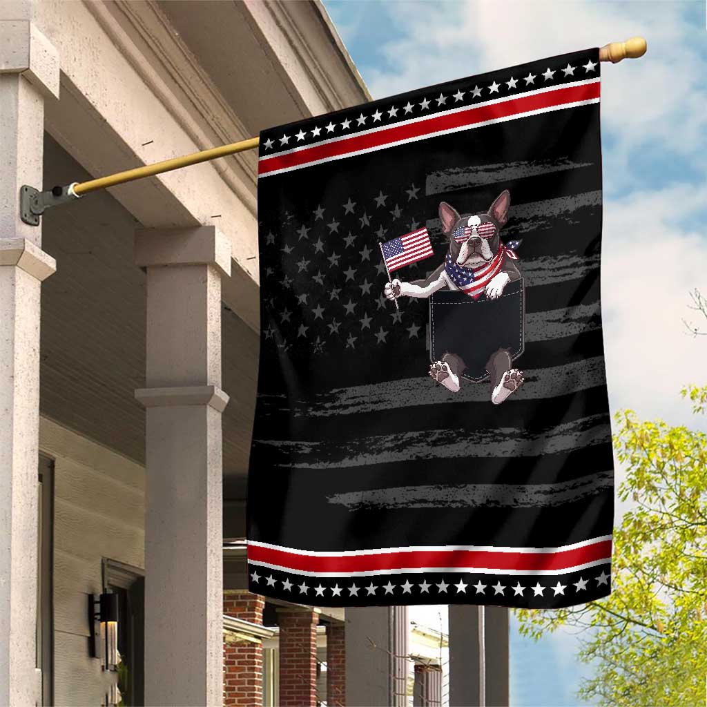 Funny French Bulldog in Pocket Graphic Patriotic Garden Flag Cute Frenchie Waving US Flag Sunglasses Faux Summer