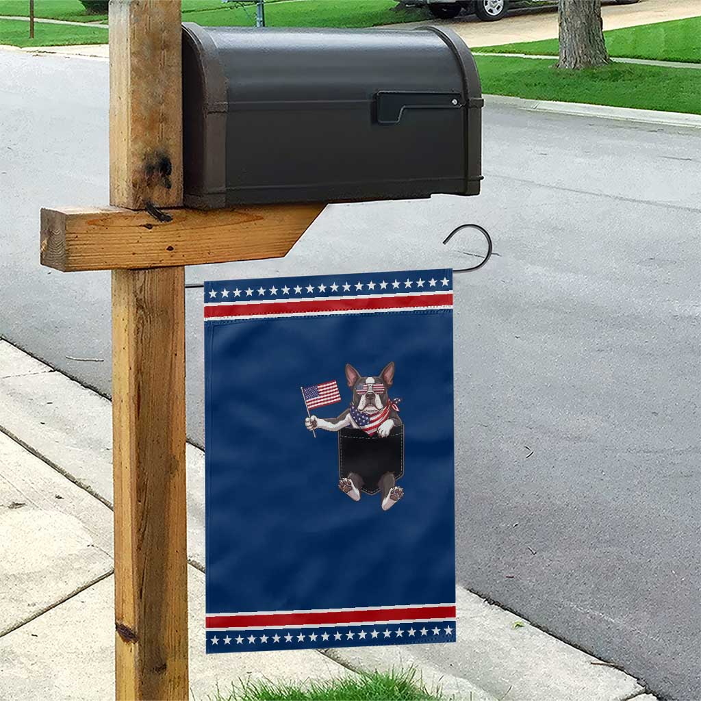 Funny French Bulldog in Pocket Graphic Patriotic Garden Flag Cute Frenchie Waving US Flag Sunglasses Faux Summer