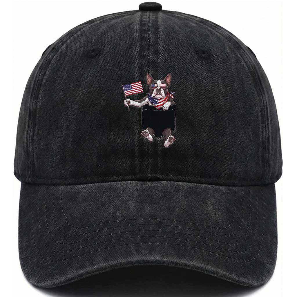 Funny Patriotic French Bulldog in Pocket Graphic Washed Cotton Baseball Cap Cute Frenchie Waving US Flag Sunglasses Faux Summer TS02 Print Your Wear
