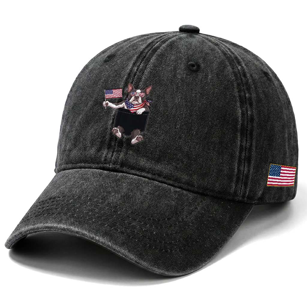Funny Patriotic French Bulldog in Pocket Graphic Washed Cotton Baseball Cap Cute Frenchie Waving US Flag Sunglasses Faux Summer TS02 Print Your Wear