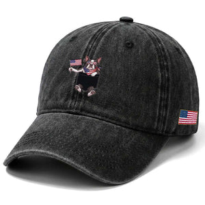 Funny Patriotic French Bulldog in Pocket Graphic Washed Cotton Baseball Cap Cute Frenchie Waving US Flag Sunglasses Faux Summer TS02 Print Your Wear
