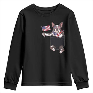 Funny Patriotic French Bulldog in Pocket Graphic Youth Sweatshirt Cute Frenchie Waving US Flag Sunglasses Faux Summer TS02 Black Print Your Wear