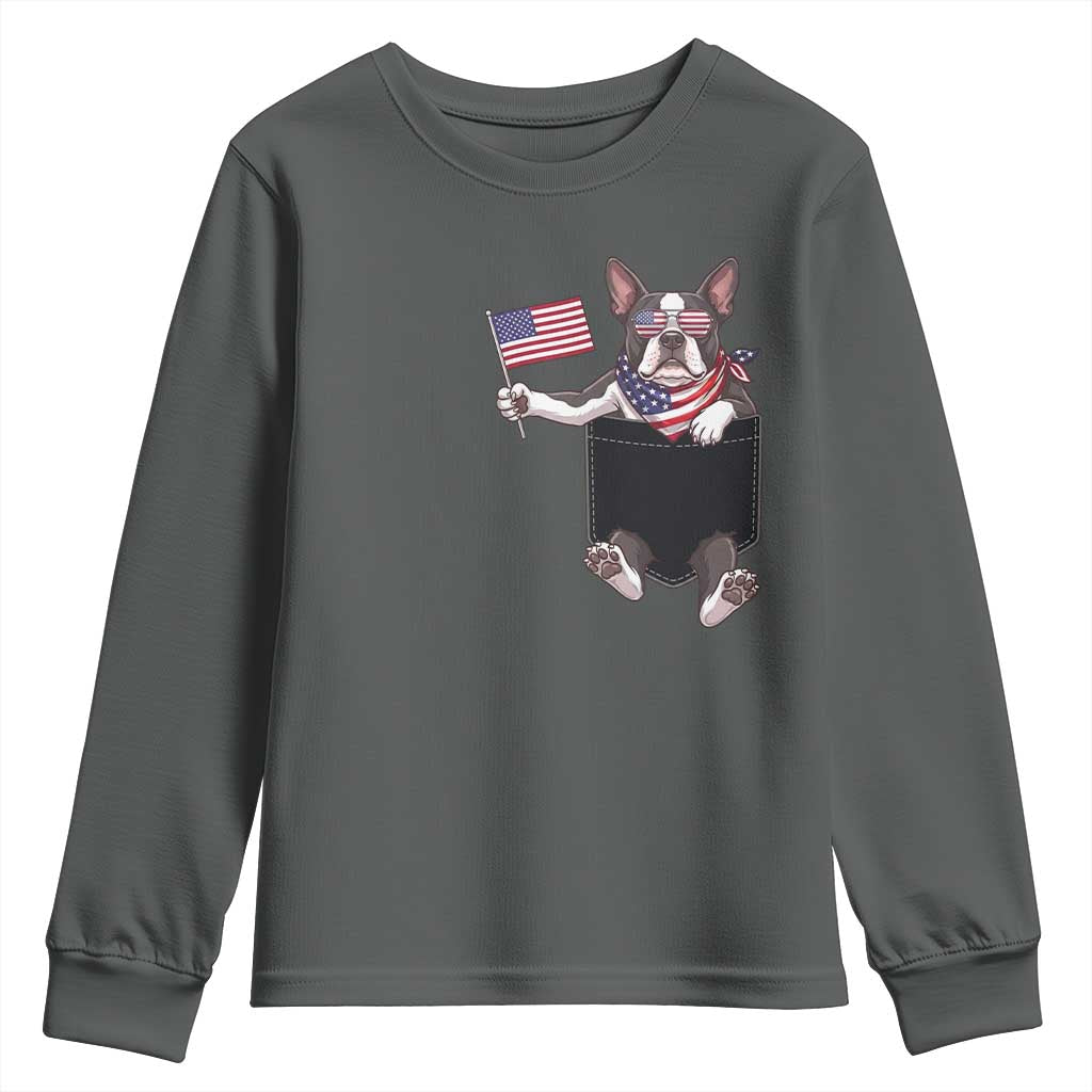 Funny Patriotic French Bulldog in Pocket Graphic Youth Sweatshirt Cute Frenchie Waving US Flag Sunglasses Faux Summer TS02 Dark Heather Print Your Wear