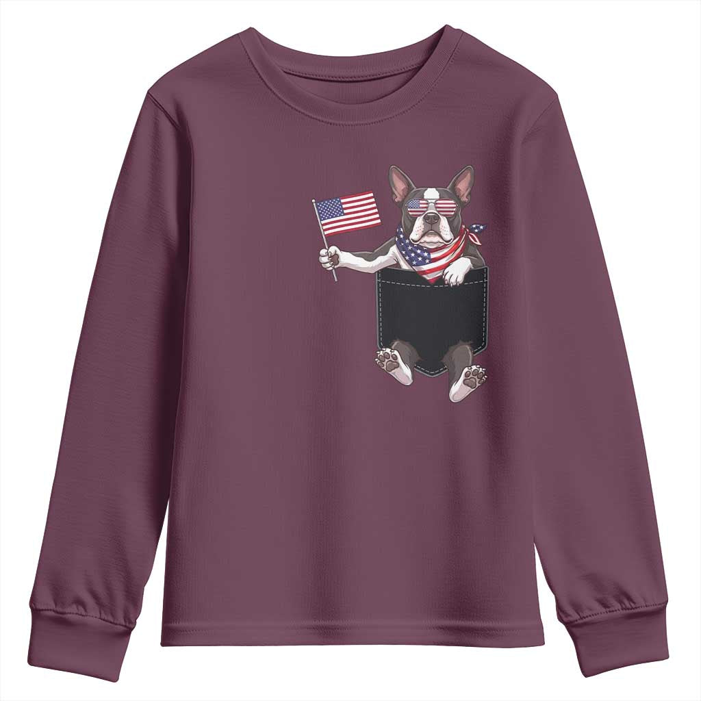 Funny Patriotic French Bulldog in Pocket Graphic Youth Sweatshirt Cute Frenchie Waving US Flag Sunglasses Faux Summer TS02 Maroon Print Your Wear