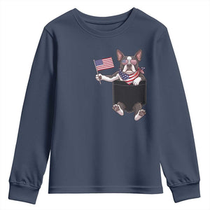 Funny Patriotic French Bulldog in Pocket Graphic Youth Sweatshirt Cute Frenchie Waving US Flag Sunglasses Faux Summer TS02 Navy Print Your Wear
