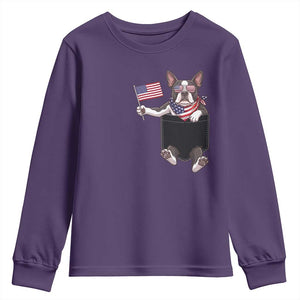 Funny Patriotic French Bulldog in Pocket Graphic Youth Sweatshirt Cute Frenchie Waving US Flag Sunglasses Faux Summer TS02 Purple Print Your Wear