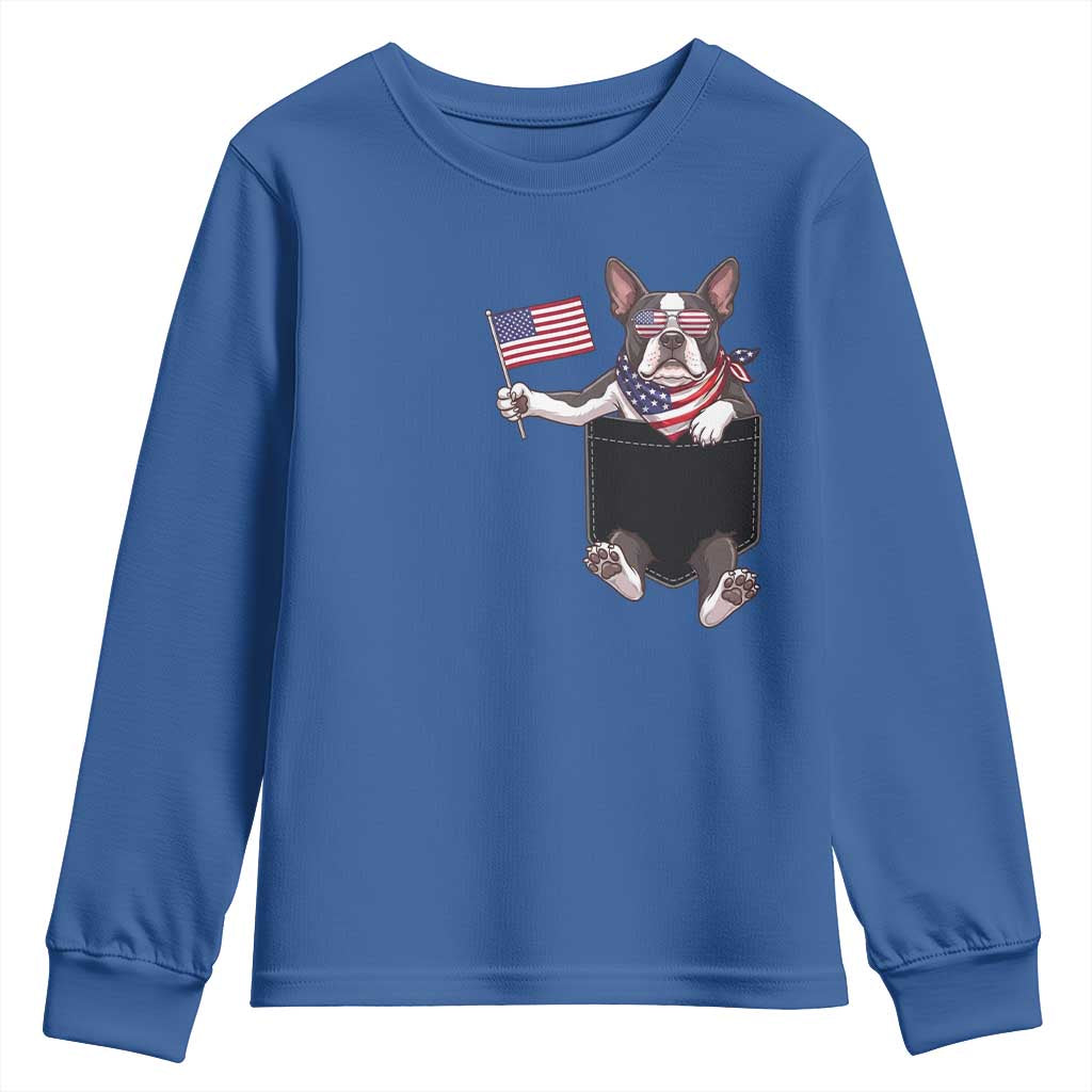 Funny Patriotic French Bulldog in Pocket Graphic Youth Sweatshirt Cute Frenchie Waving US Flag Sunglasses Faux Summer TS02 Royal Blue Print Your Wear