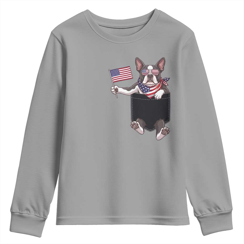 Funny Patriotic French Bulldog in Pocket Graphic Youth Sweatshirt Cute Frenchie Waving US Flag Sunglasses Faux Summer TS02 Sport Gray Print Your Wear