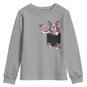 Funny Patriotic French Bulldog in Pocket Graphic Youth Sweatshirt Cute Frenchie Waving US Flag Sunglasses Faux Summer TS02 Sport Gray Print Your Wear