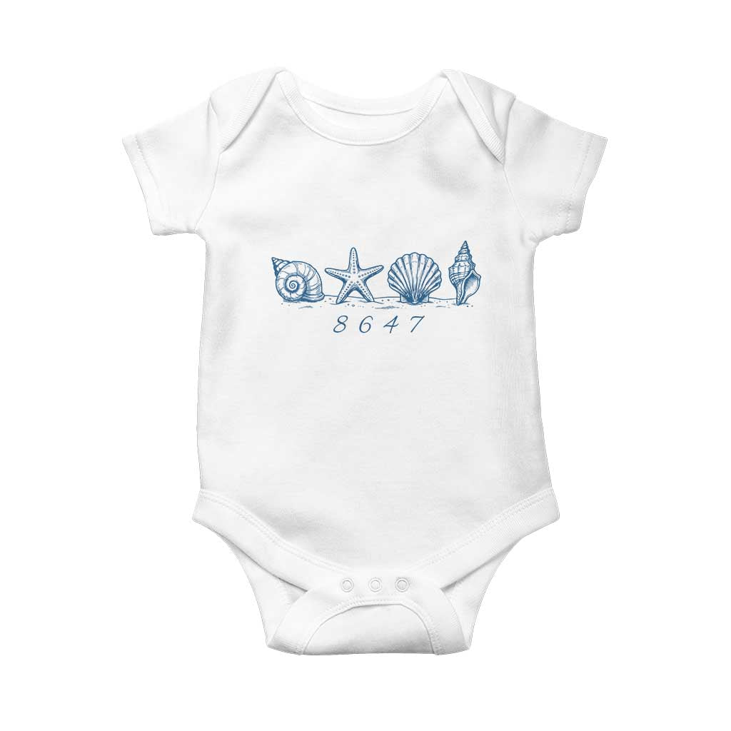 8647 Sea Shells Starfish Vintage Coastal Blue Line Graphic Baby Onesie Coded Political Satire TS02 White Print Your Wear
