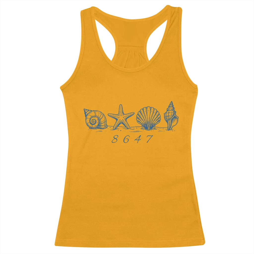 8647 Sea Shells Starfish Vintage Coastal Blue Line Graphic Racerback Tank Top Coded Political Satire TS02 Gold Print Your Wear