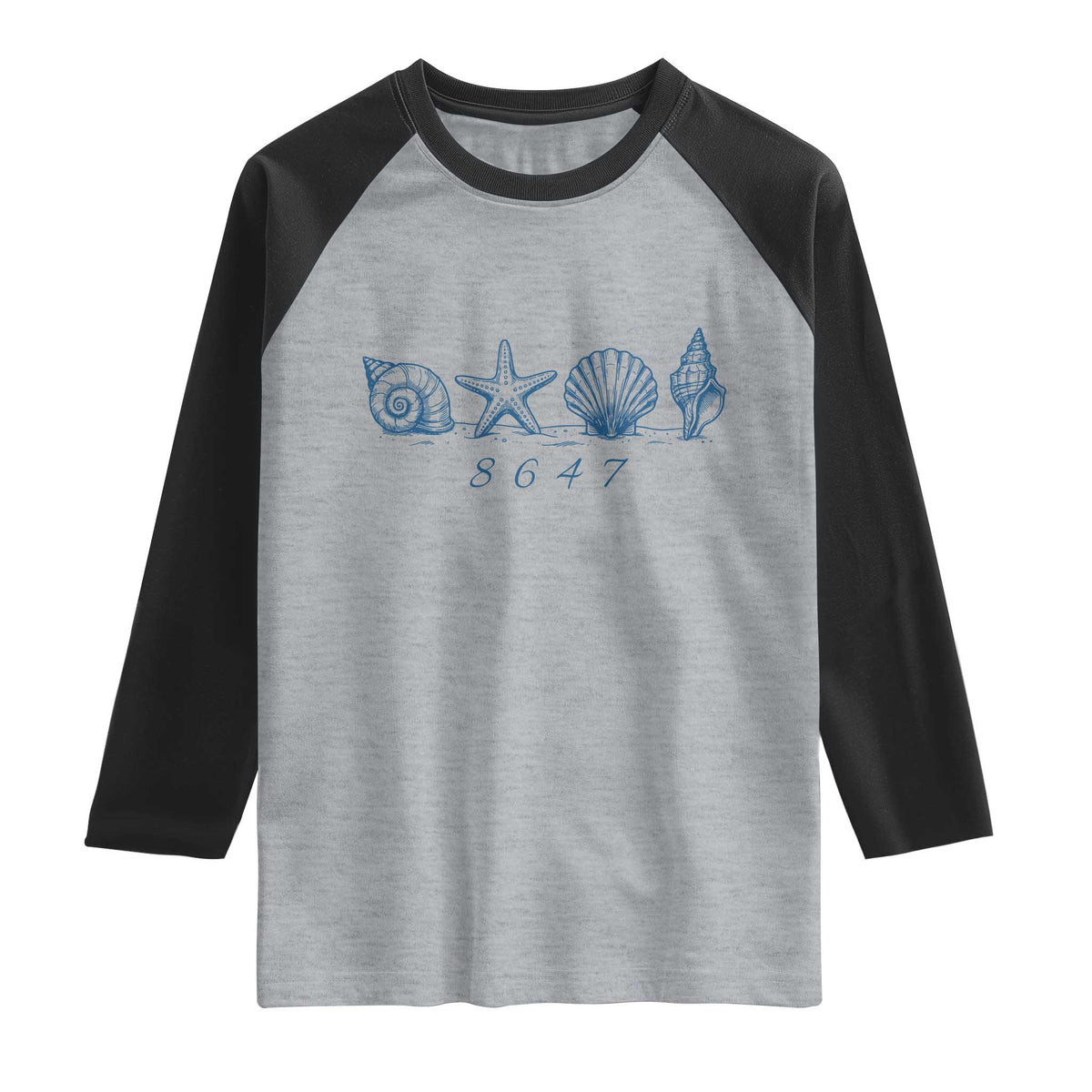 8647 Sea Shells Starfish Vintage Coastal Blue Line Graphic Raglan Shirt Coded Political Satire TS02 Heather Gray Black Print Your Wear