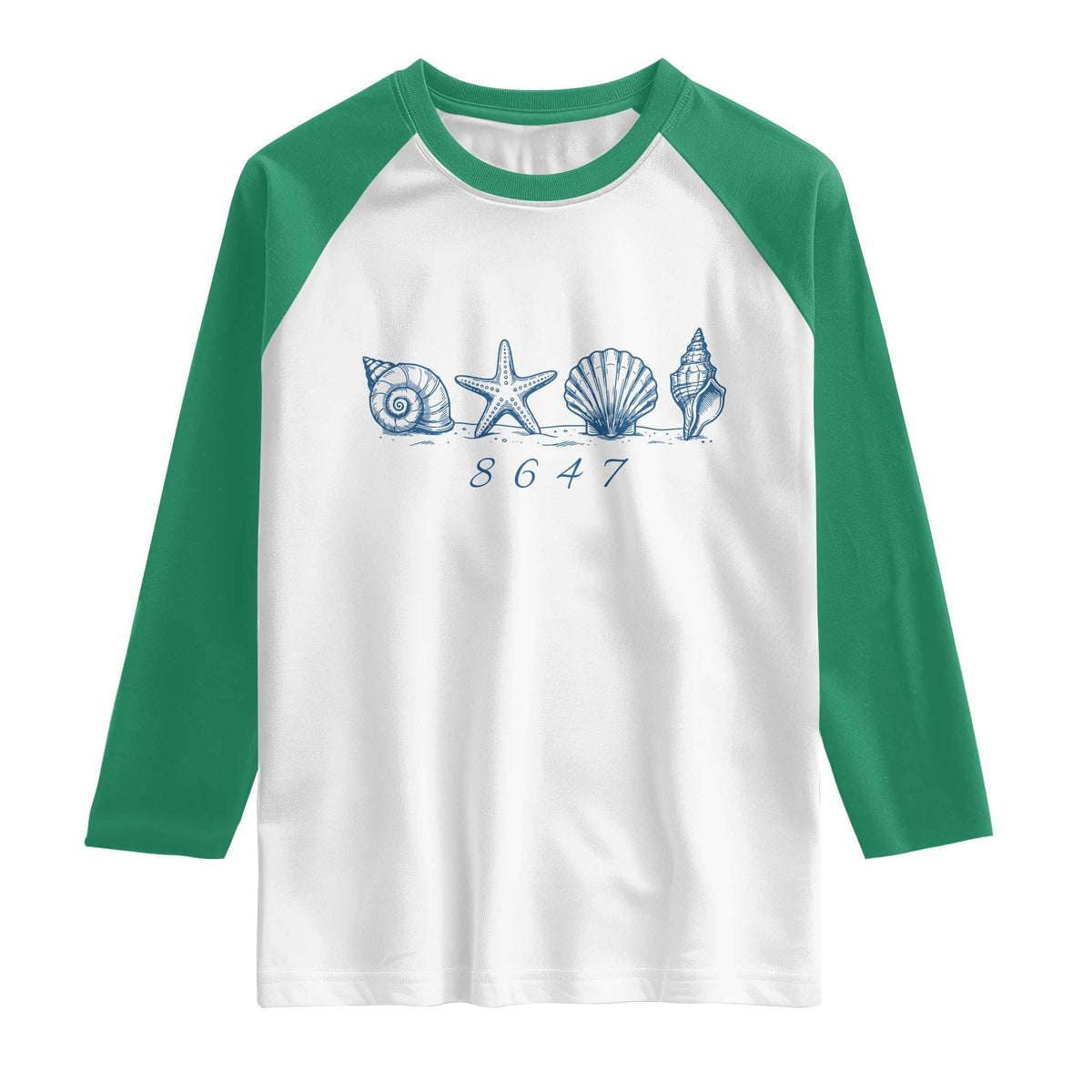 8647 Sea Shells Starfish Vintage Coastal Blue Line Graphic Raglan Shirt Coded Political Satire TS02 White Kelly Green Print Your Wear
