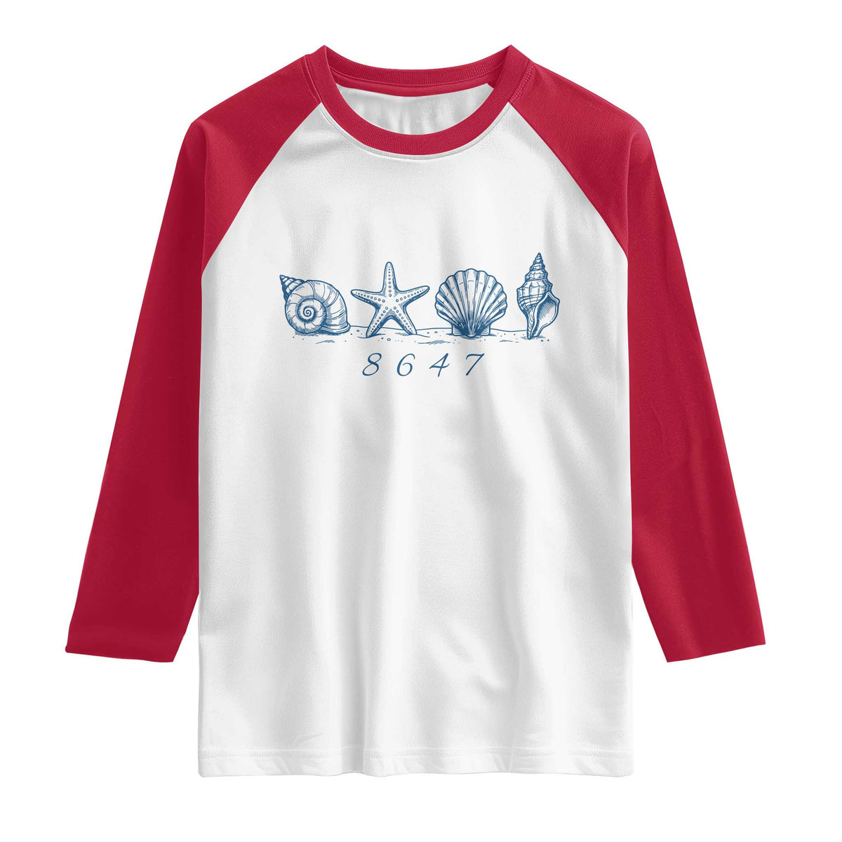 8647 Sea Shells Starfish Vintage Coastal Blue Line Graphic Raglan Shirt Coded Political Satire TS02 White Red Print Your Wear