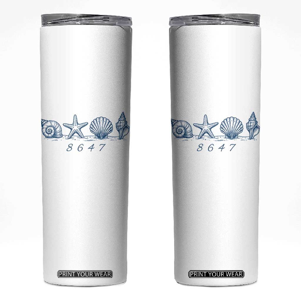 8647 Sea Shells Starfish Vintage Coastal Blue Line Graphic Skinny Tumbler Coded Political Satire TS02 White Print Your Wear