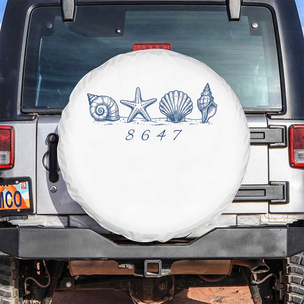 8647 Sea Shells Starfish Vintage Coastal Blue Line Graphic Spare Tire Cover Coded Political Satire