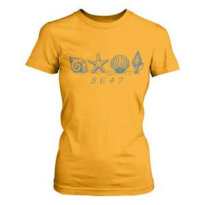 8647 Sea Shells Starfish Vintage Coastal Blue Line Graphic T Shirt For Women Coded Political Satire TS02 Gold Print Your Wear